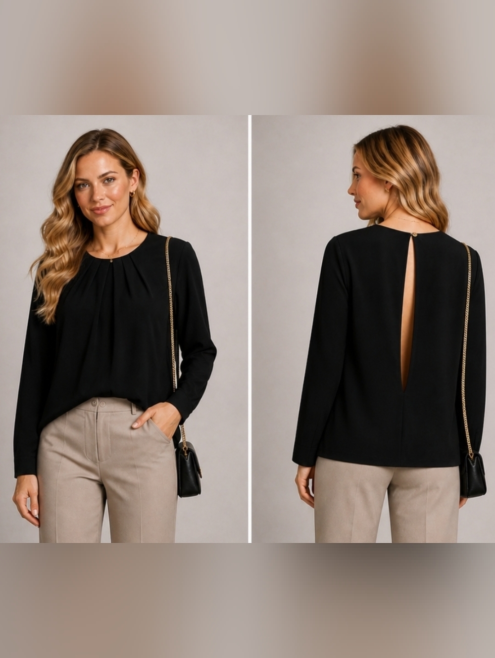 Tildon Black Pleated Crewneck Blouse Long Sleeve Keyhole Back